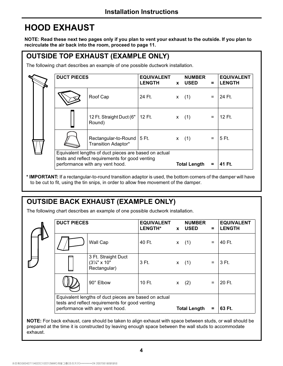 Hood exhaust, Outside top exhaust (example only), Outside back exhaust (example only) | Installation instructions | Electrolux Over The Range Microwave Oven User Manual | Page 4 / 22