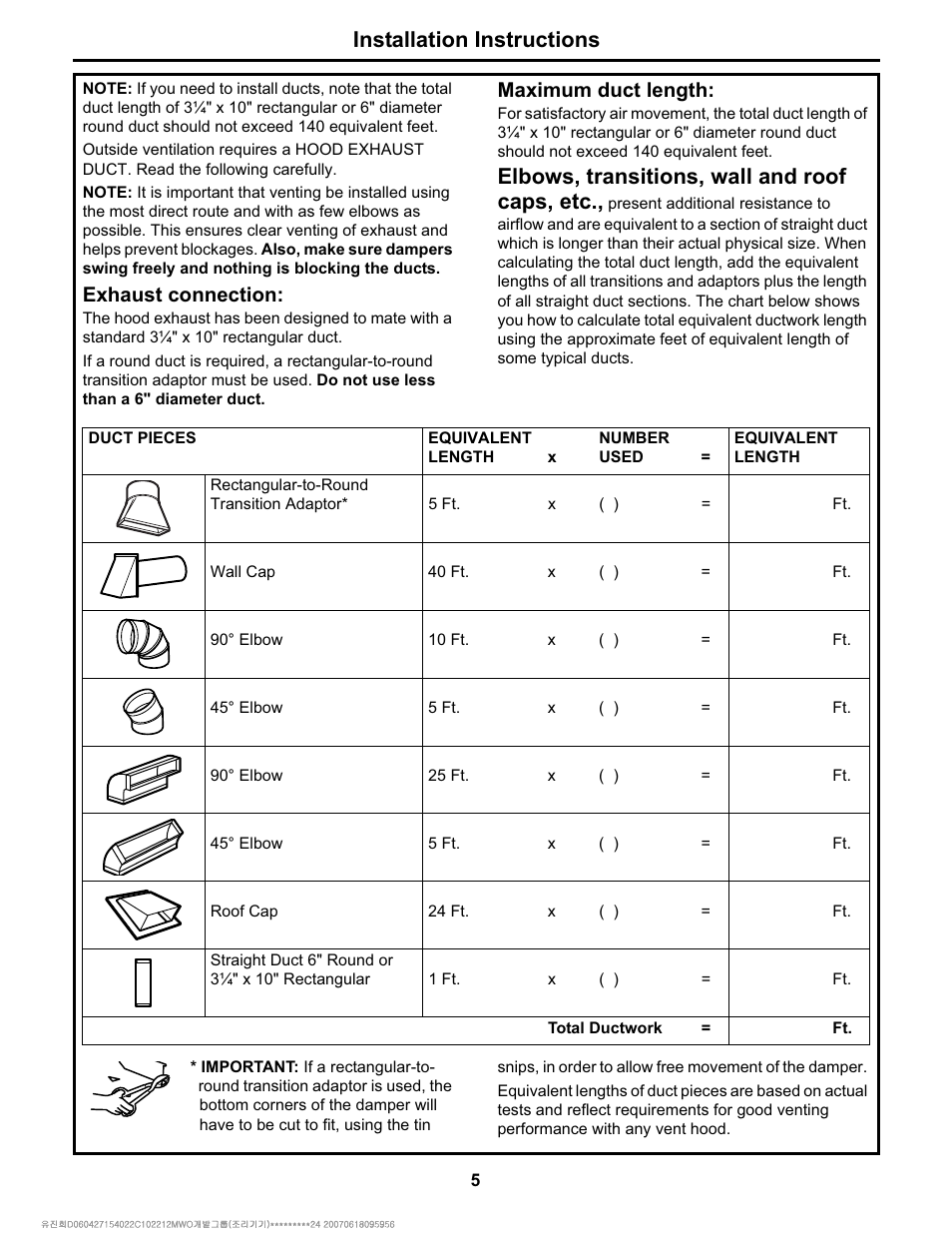 Installation instructions, Elbows, transitions, wall and roof caps, etc, Exhaust connection | Maximum duct length | Electrolux Over The Range Microwave Oven User Manual | Page 5 / 22
