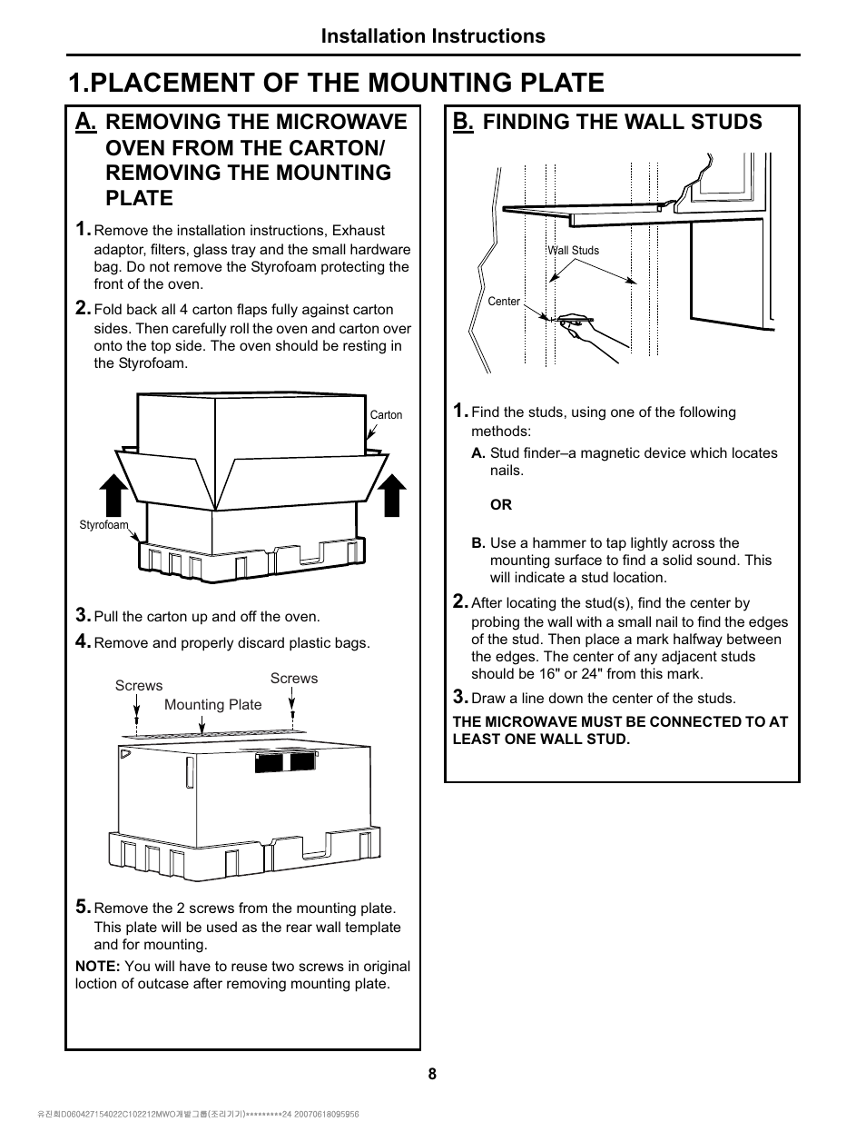 Placement of the mounting plate, Finding the wall studs | Electrolux Over The Range Microwave Oven User Manual | Page 8 / 22
