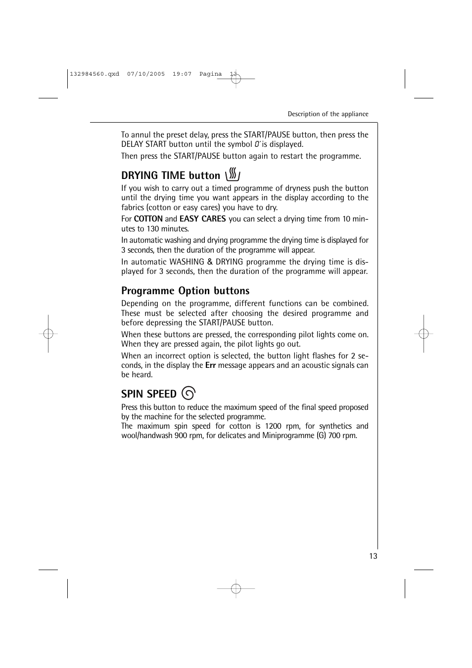 Drying time button, Programme option buttons, Spin speed | Electrolux LAVAMAT TURBO L 12720 VIT User Manual | Page 13 / 52