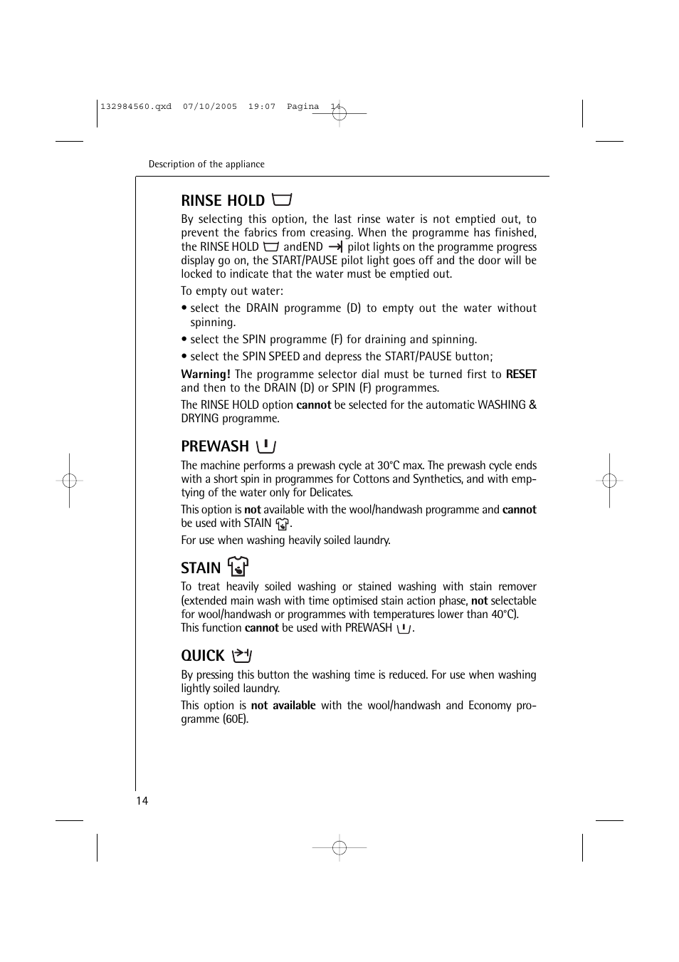 Rinse hold, Prewash, Stain | Quick | Electrolux LAVAMAT TURBO L 12720 VIT User Manual | Page 14 / 52