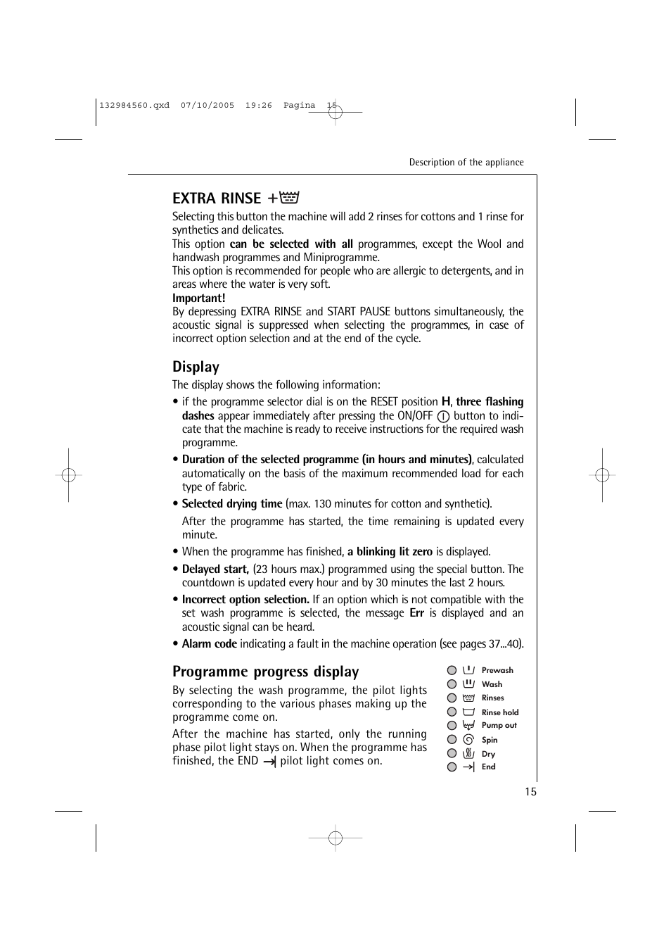 Extra rinse, Display, Programme progress display | Electrolux LAVAMAT TURBO L 12720 VIT User Manual | Page 15 / 52