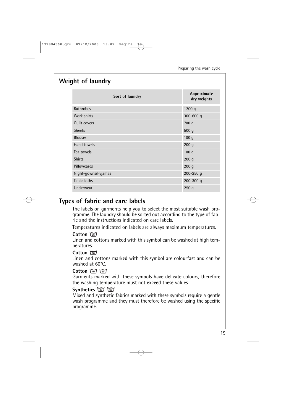 Weight of laundry types of fabric and care labels | Electrolux LAVAMAT TURBO L 12720 VIT User Manual | Page 19 / 52