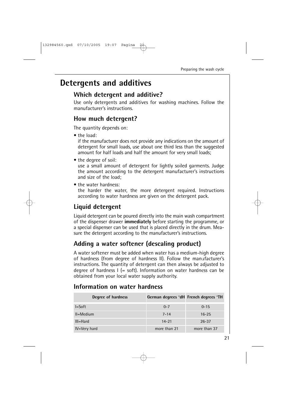 Detergents and additives, Which detergent and additive, How much detergent | Liquid detergent, Adding a water softener (descaling product), Information on water hardness | Electrolux LAVAMAT TURBO L 12720 VIT User Manual | Page 21 / 52