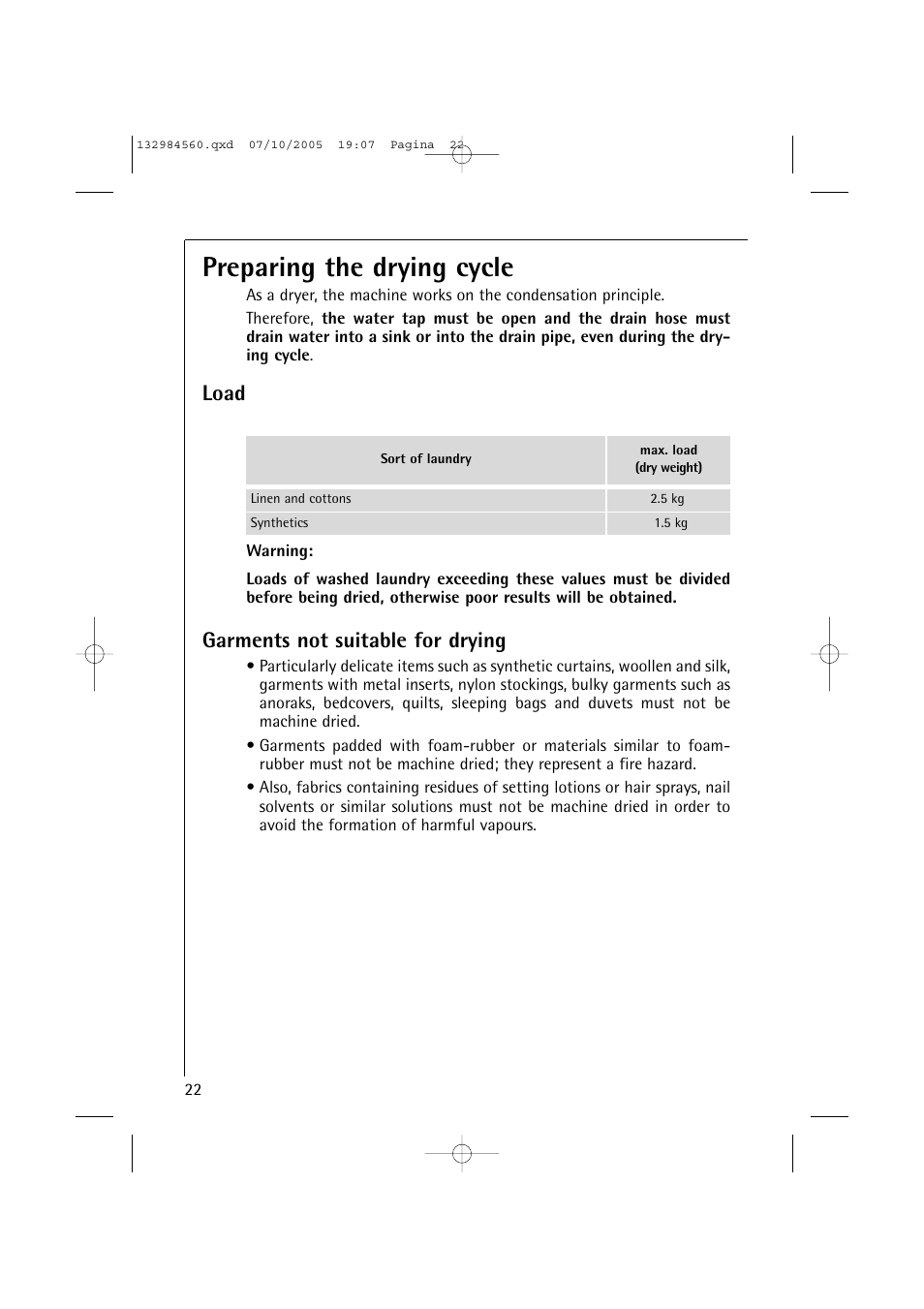 Preparing the drying cycle, Load, Garments not suitable for drying | Electrolux LAVAMAT TURBO L 12720 VIT User Manual | Page 22 / 52