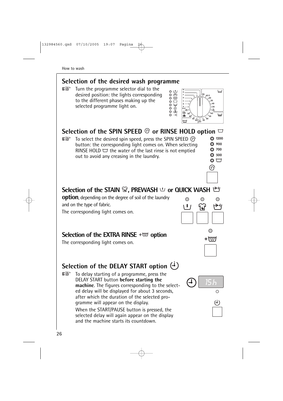 Selection of the desired wash programme, Selection of the spin speed or rinse hold option, Selection of the extra rinse option | Selection of the delay start option, The corresponding light comes on | Electrolux LAVAMAT TURBO L 12720 VIT User Manual | Page 26 / 52