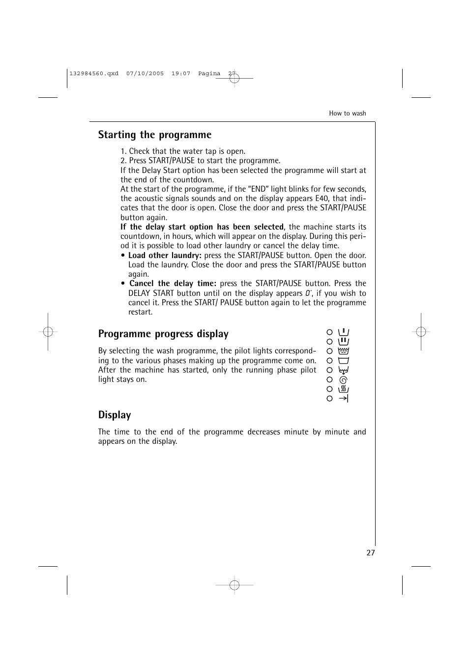 Starting the programme, Programme progress display, Display | Electrolux LAVAMAT TURBO L 12720 VIT User Manual | Page 27 / 52