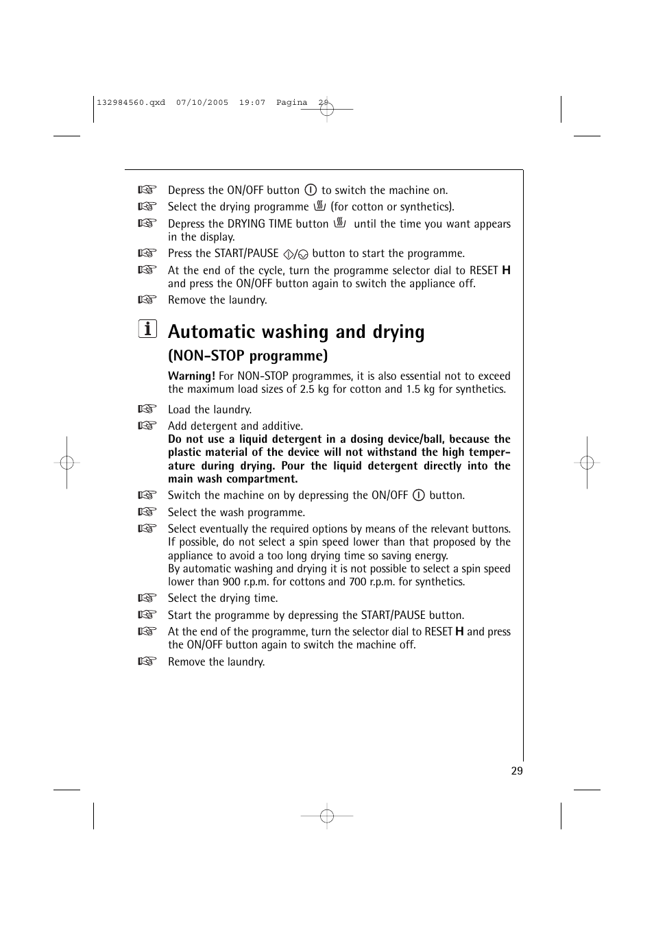 Automatic washing and drying, Non-stop programme) | Electrolux LAVAMAT TURBO L 12720 VIT User Manual | Page 29 / 52