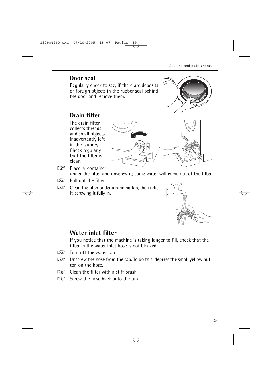 Door seal, Drain filter, Water inlet filter | Electrolux LAVAMAT TURBO L 12720 VIT User Manual | Page 35 / 52