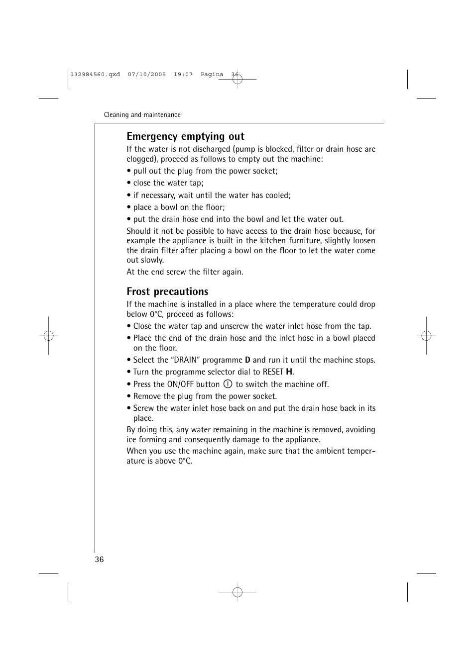 Emergency emptying out, Frost precautions | Electrolux LAVAMAT TURBO L 12720 VIT User Manual | Page 36 / 52