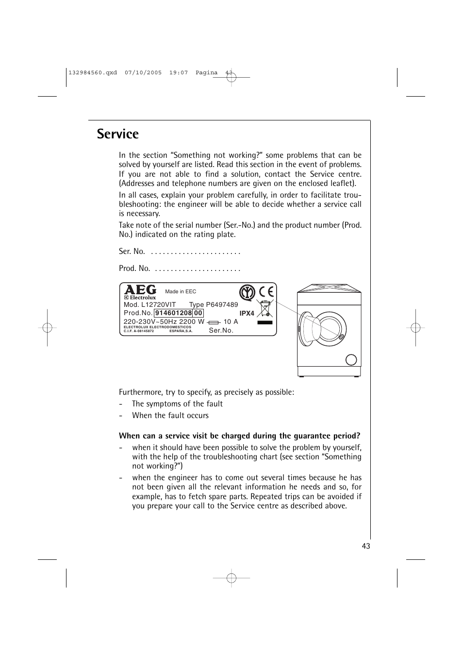 Service | Electrolux LAVAMAT TURBO L 12720 VIT User Manual | Page 43 / 52