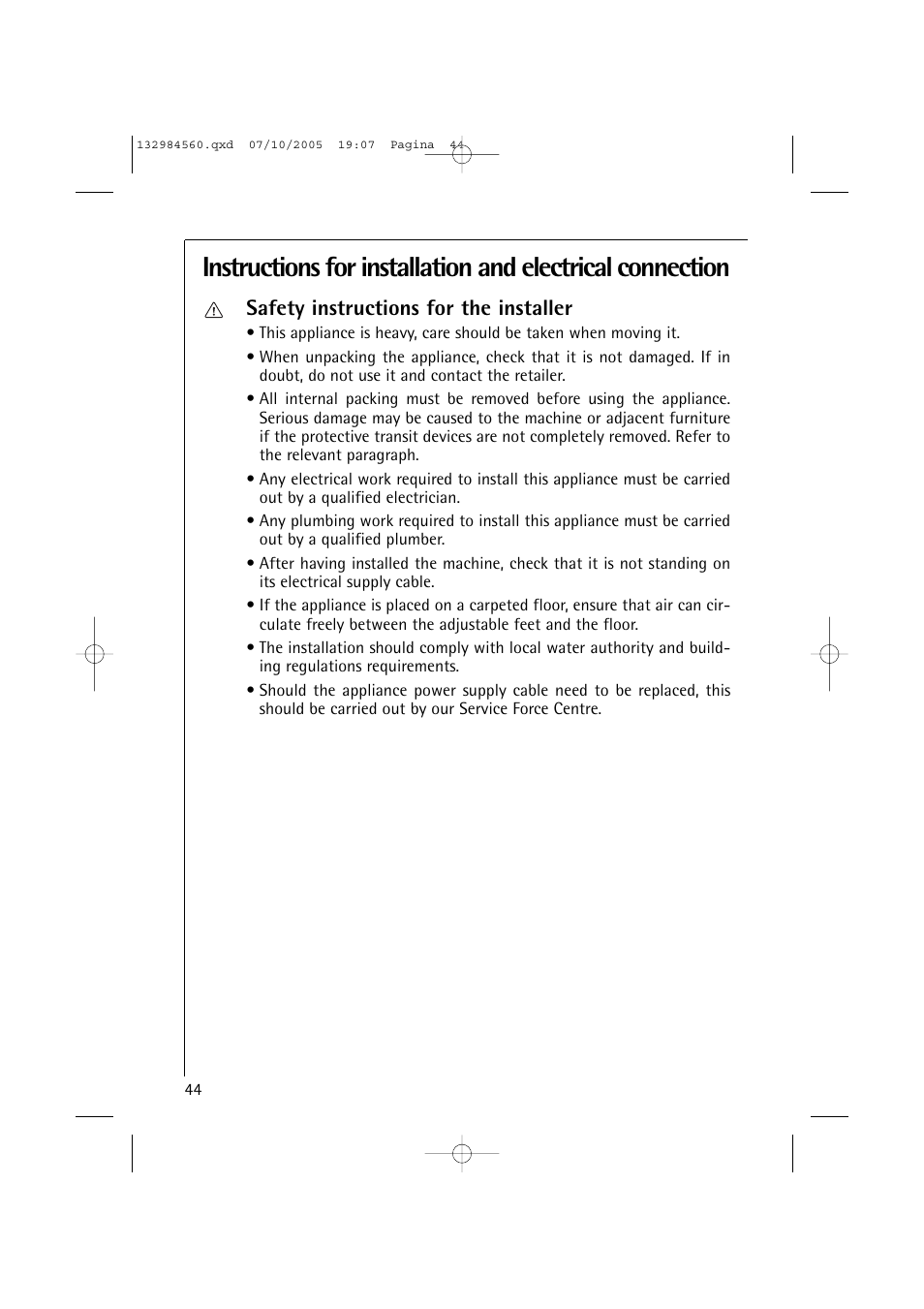 Safety instructions for the installer | Electrolux LAVAMAT TURBO L 12720 VIT User Manual | Page 44 / 52