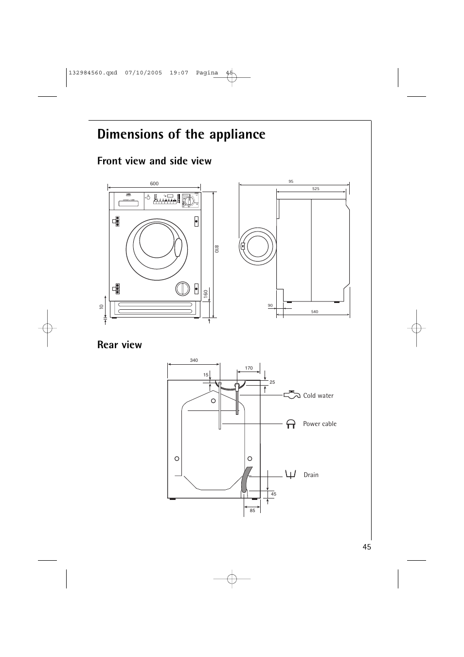 Dimensions of the appliance, Front view and side view rear view | Electrolux LAVAMAT TURBO L 12720 VIT User Manual | Page 45 / 52
