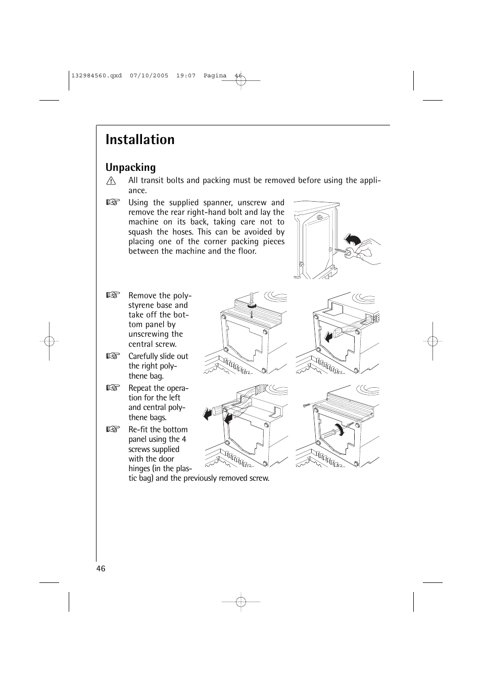 Installation, Unpacking | Electrolux LAVAMAT TURBO L 12720 VIT User Manual | Page 46 / 52