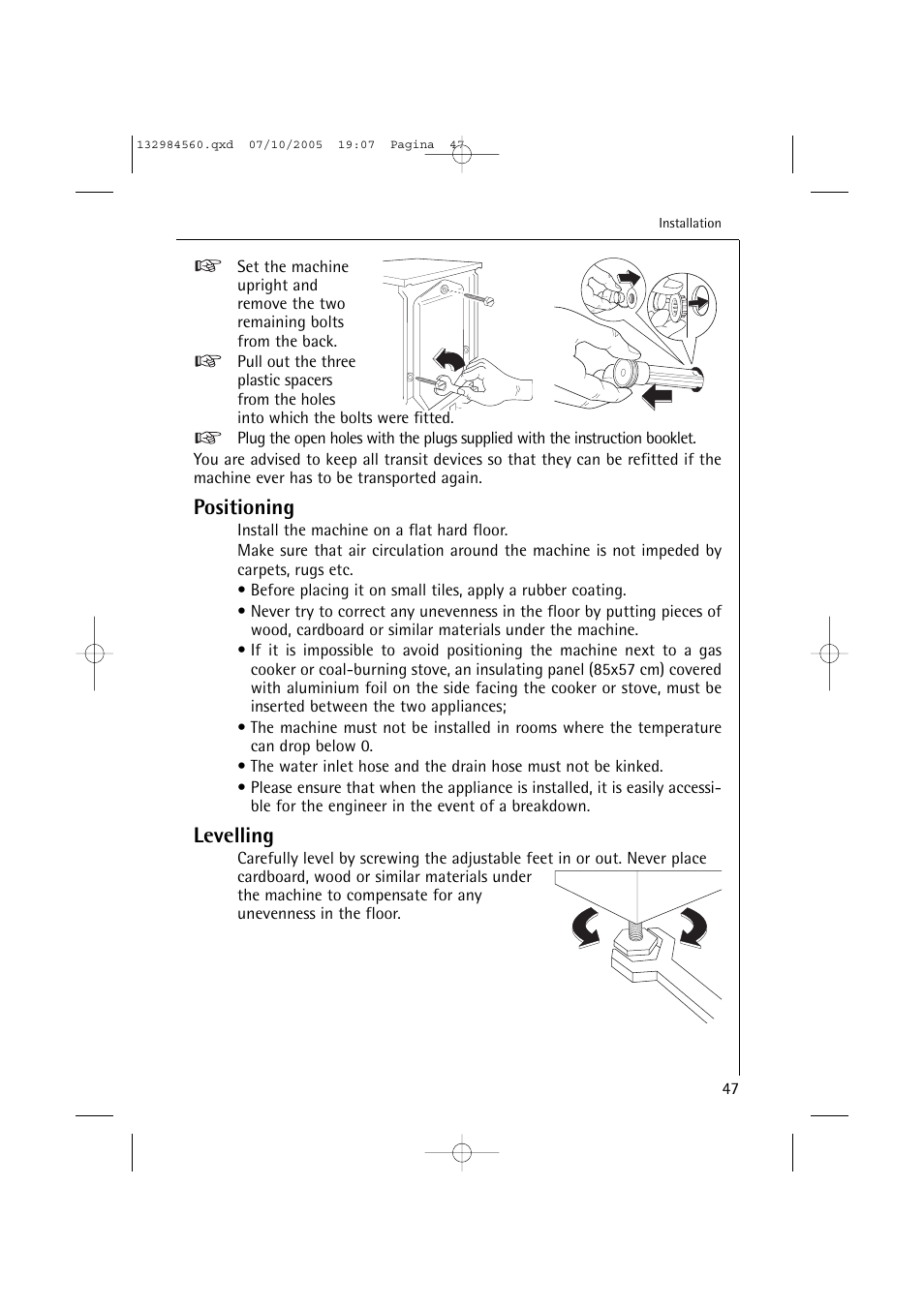 Positioning, Levelling | Electrolux LAVAMAT TURBO L 12720 VIT User Manual | Page 47 / 52