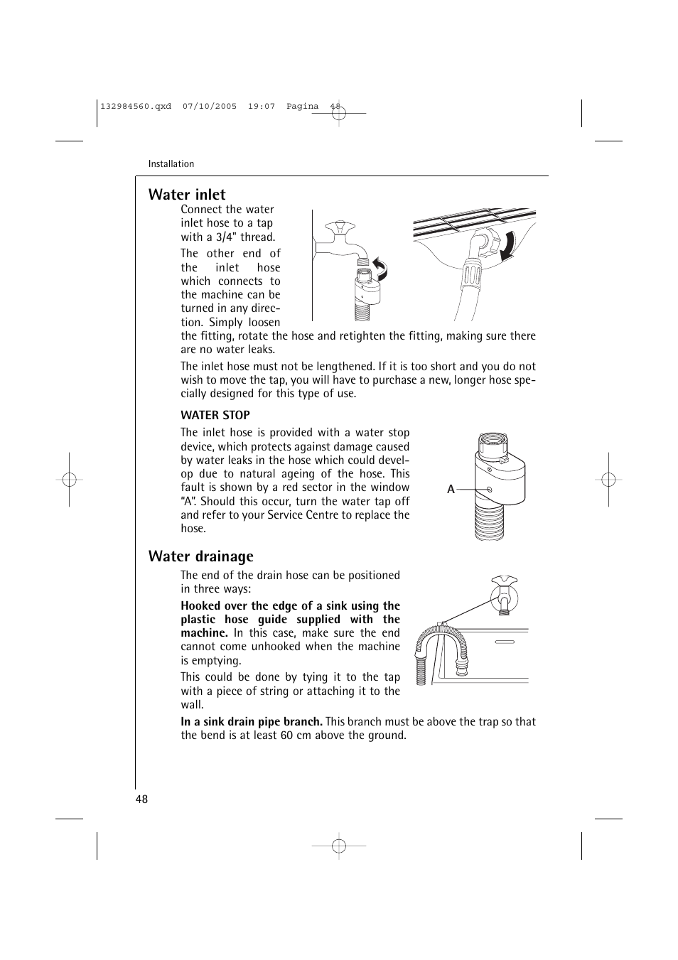 Water inlet, Water drainage | Electrolux LAVAMAT TURBO L 12720 VIT User Manual | Page 48 / 52