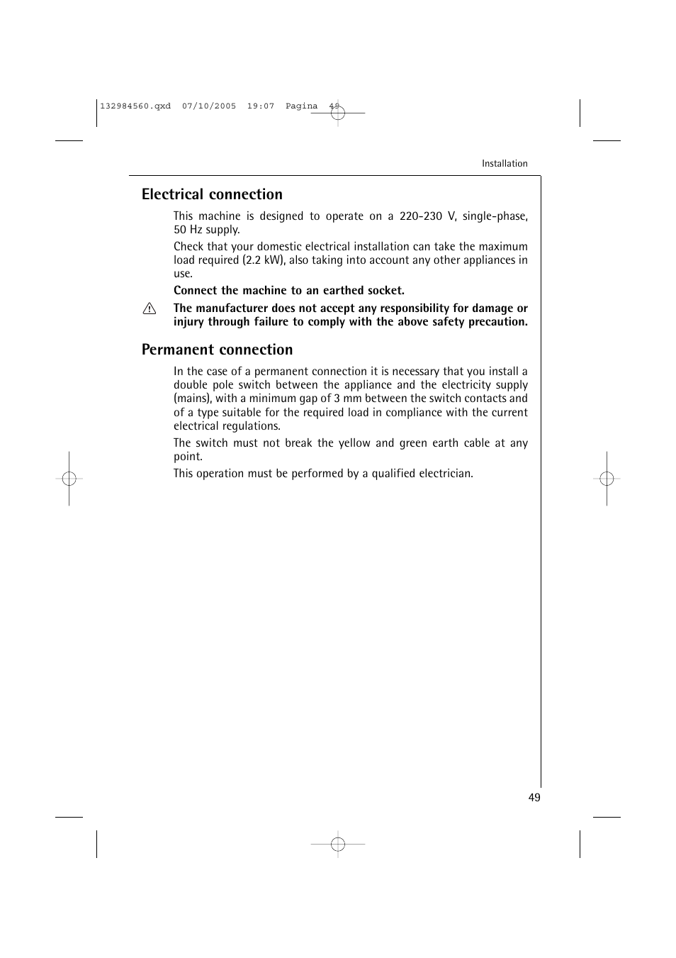 Electrical connection, Permanent connection | Electrolux LAVAMAT TURBO L 12720 VIT User Manual | Page 49 / 52