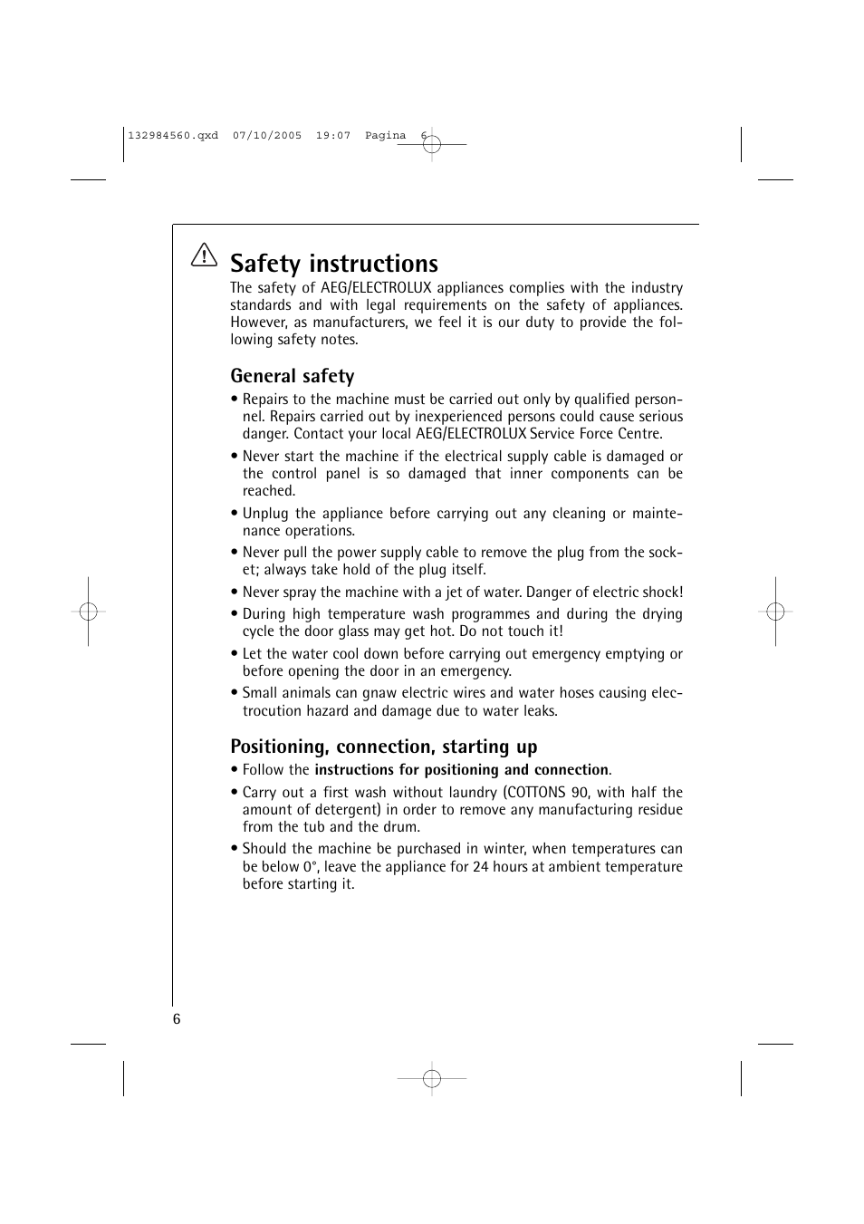 Safety instructions, General safety, Positioning, connection, starting up | Electrolux LAVAMAT TURBO L 12720 VIT User Manual | Page 6 / 52