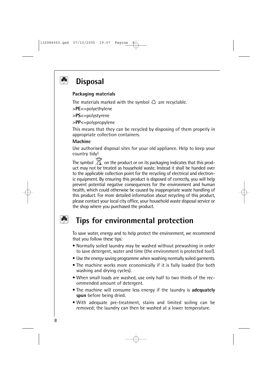 Disposal, Tips for environmental protection | Electrolux LAVAMAT TURBO L 12720 VIT User Manual | Page 8 / 52