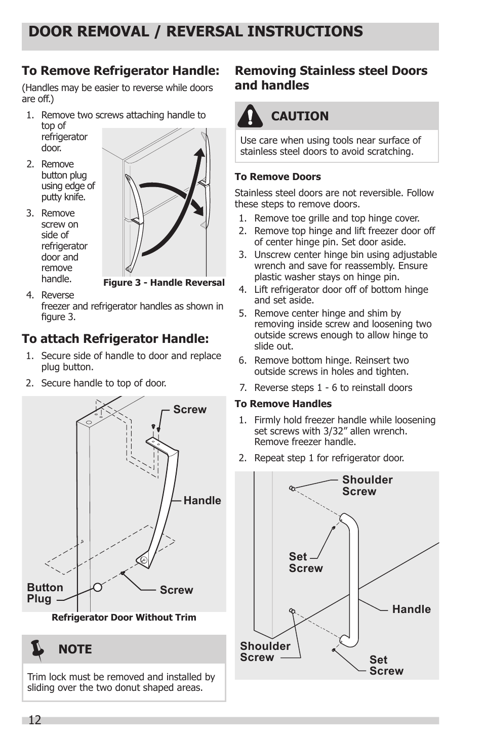 Door removal / reversal instructions | Electrolux 241857202 User Manual | Page 12 / 19