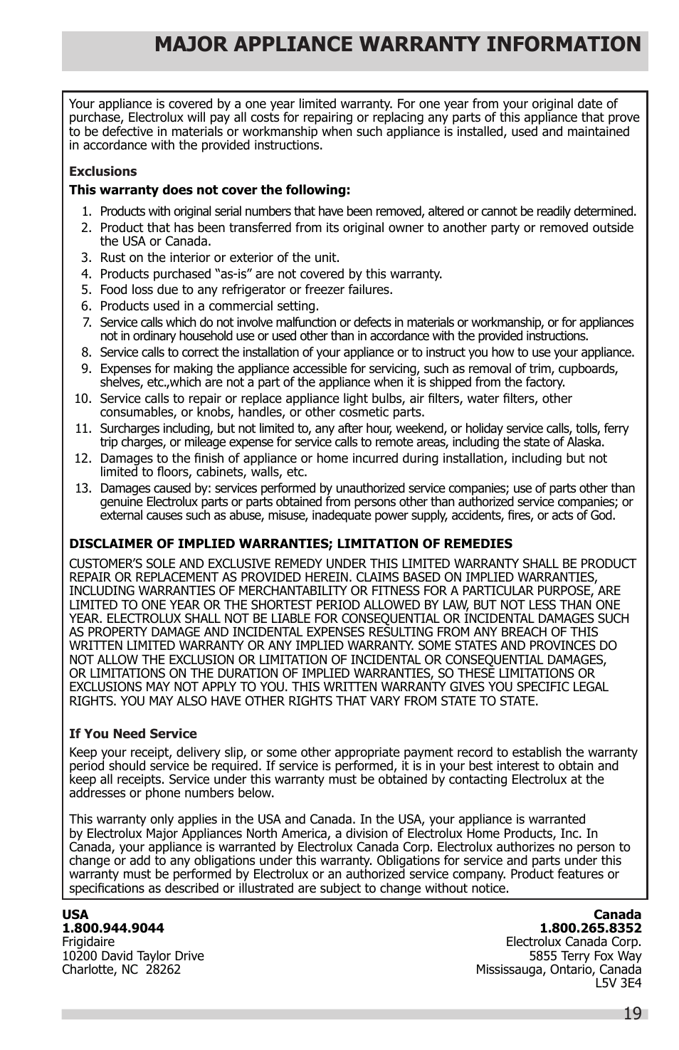Major appliance warranty information | Electrolux 241857202 User Manual | Page 19 / 19
