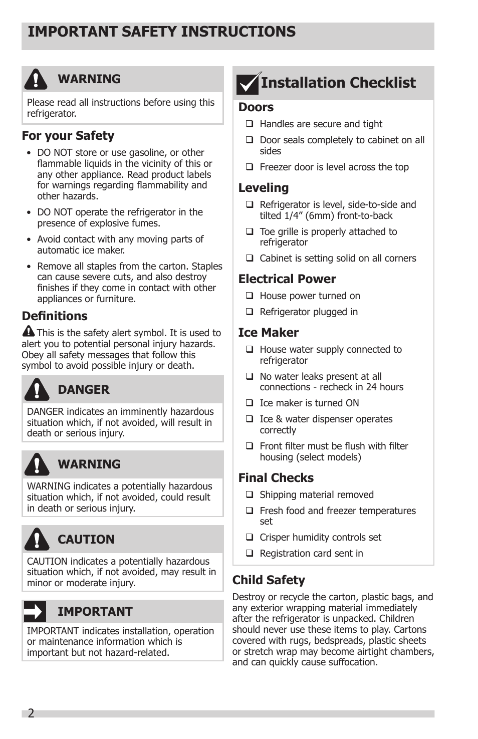 Installation checklist, Important safety instructions, 2warning | Important, Danger, Definitions, Doors, Leveling, Electrical power, Ice maker | Electrolux 241857202 User Manual | Page 2 / 19