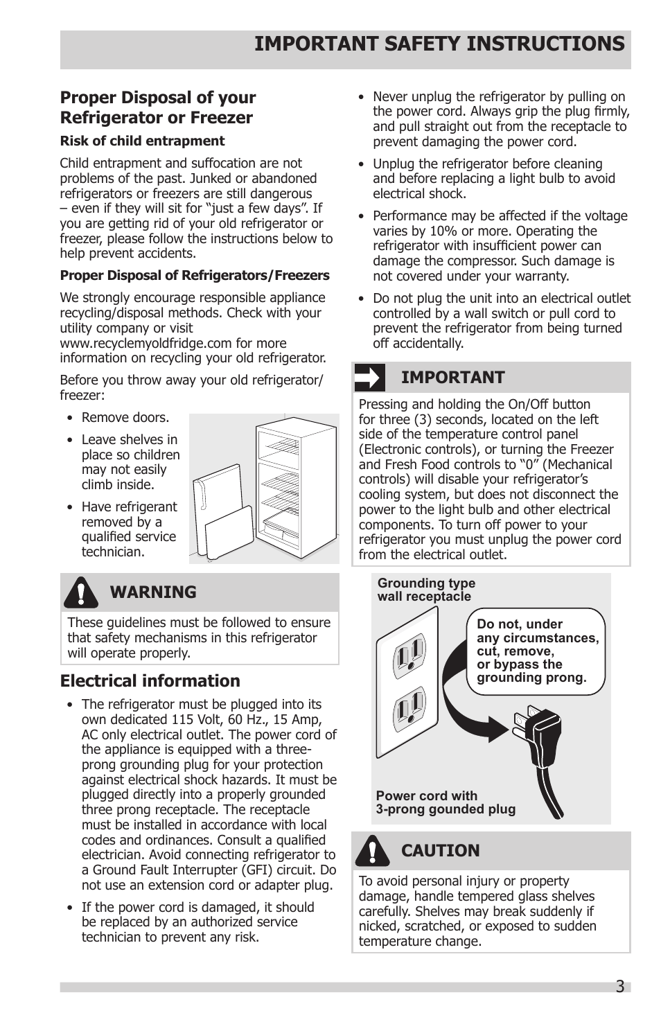 Important safety instructions, Electrical information, Warning | Important, Caution, Proper disposal of your refrigerator or freezer | Electrolux 241857202 User Manual | Page 3 / 19