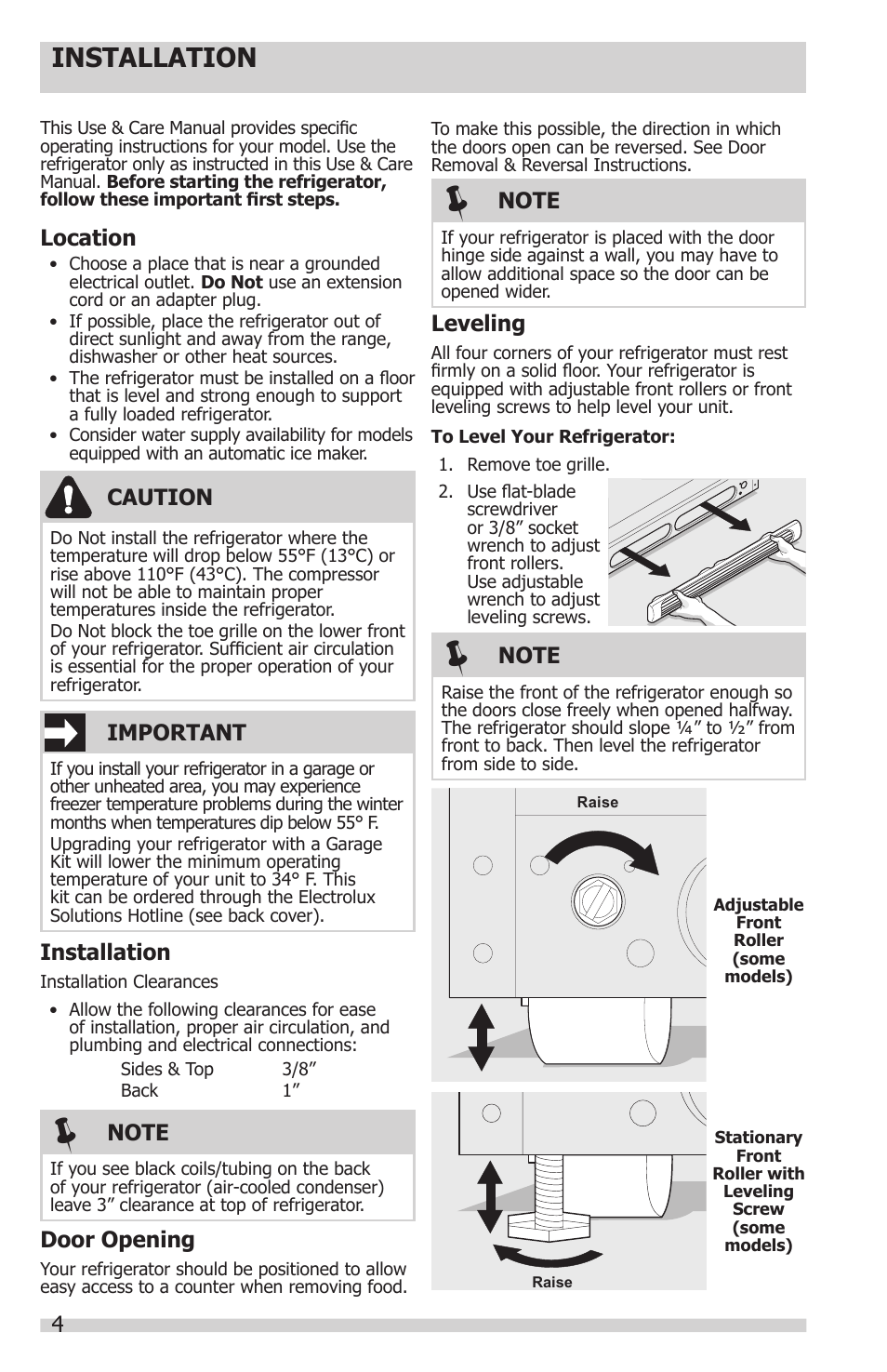 Location, Installation, Door opening | Leveling, Caution, Important | Electrolux 241857202 User Manual | Page 4 / 19