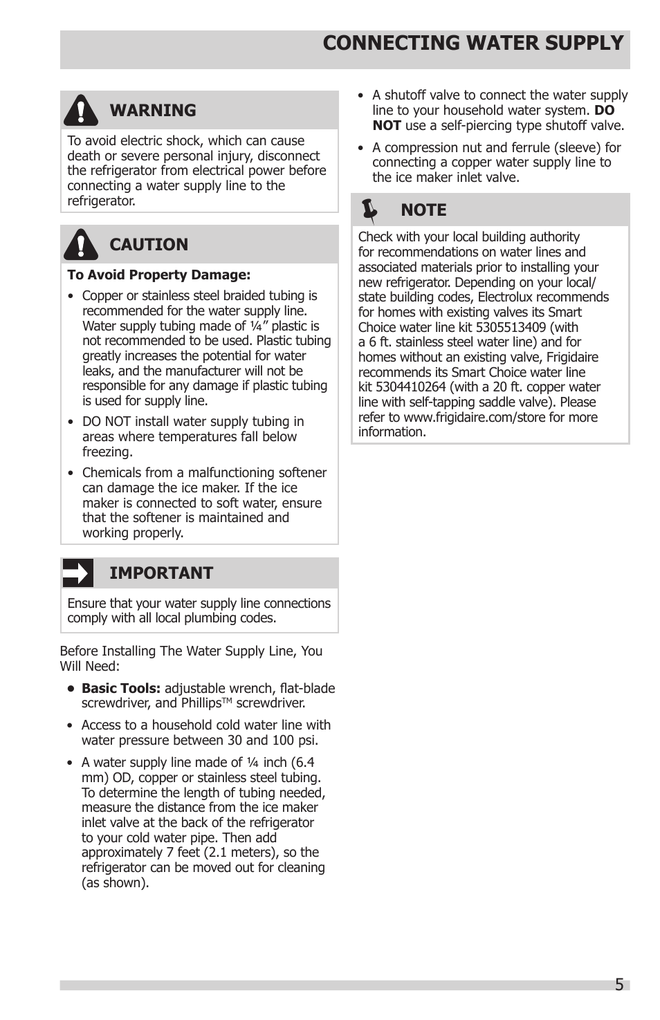 Connecting water supply, Warning, Caution | Important | Electrolux 241857202 User Manual | Page 5 / 19