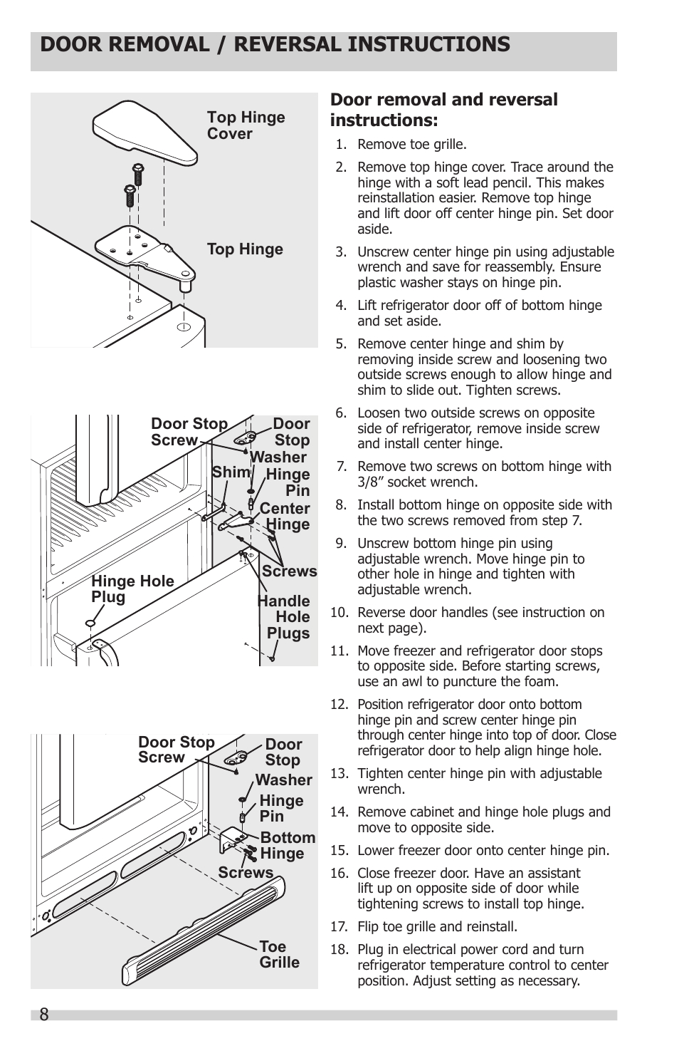 Door removal / reversal instructions, 8door removal and reversal instructions | Electrolux 241857202 User Manual | Page 8 / 19