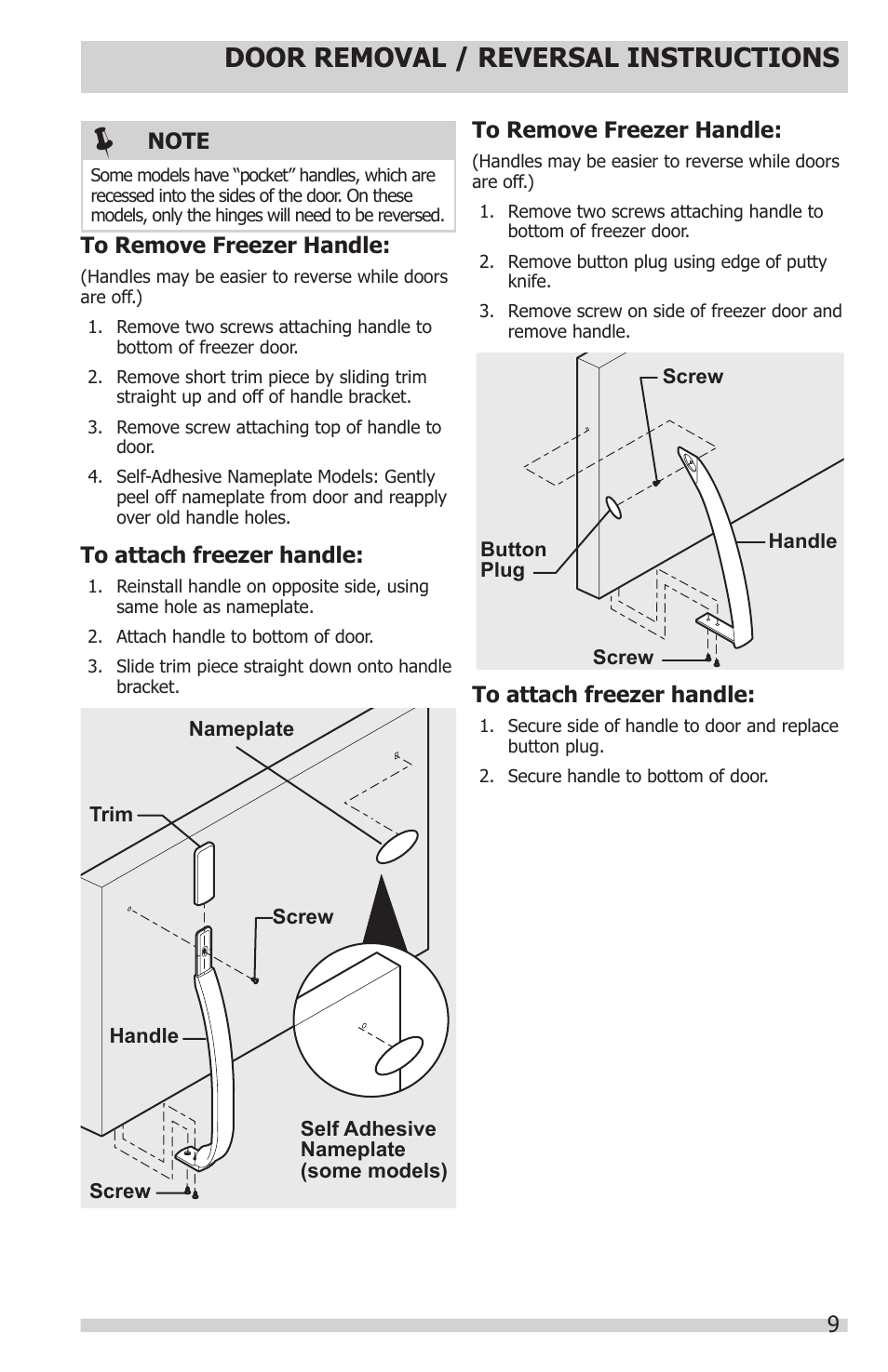 Door removal / reversal instructions | Electrolux 241857202 User Manual | Page 9 / 19