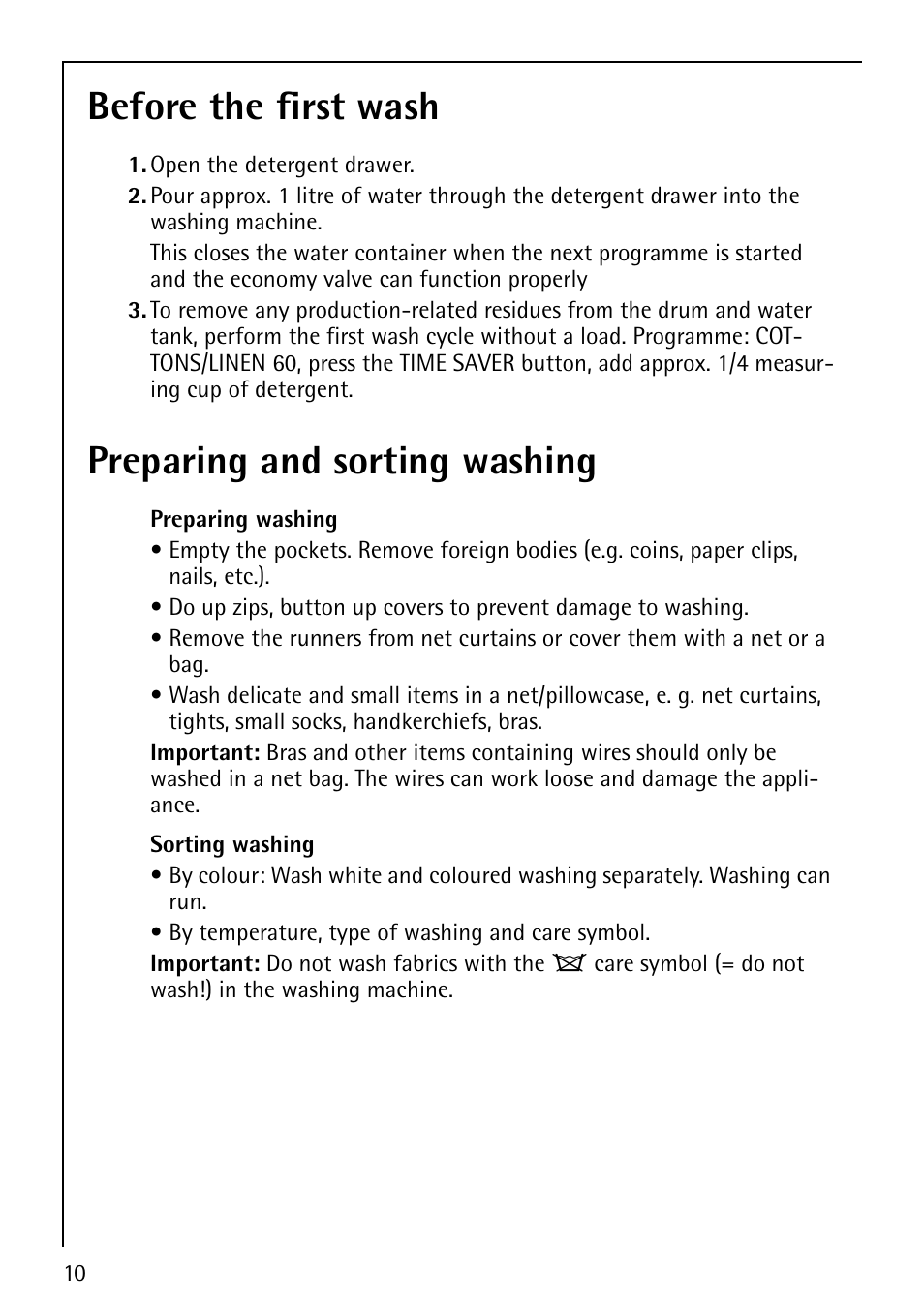 Before the first wash, Preparing and sorting washing | Electrolux LAVAMAT 52810 User Manual | Page 10 / 40