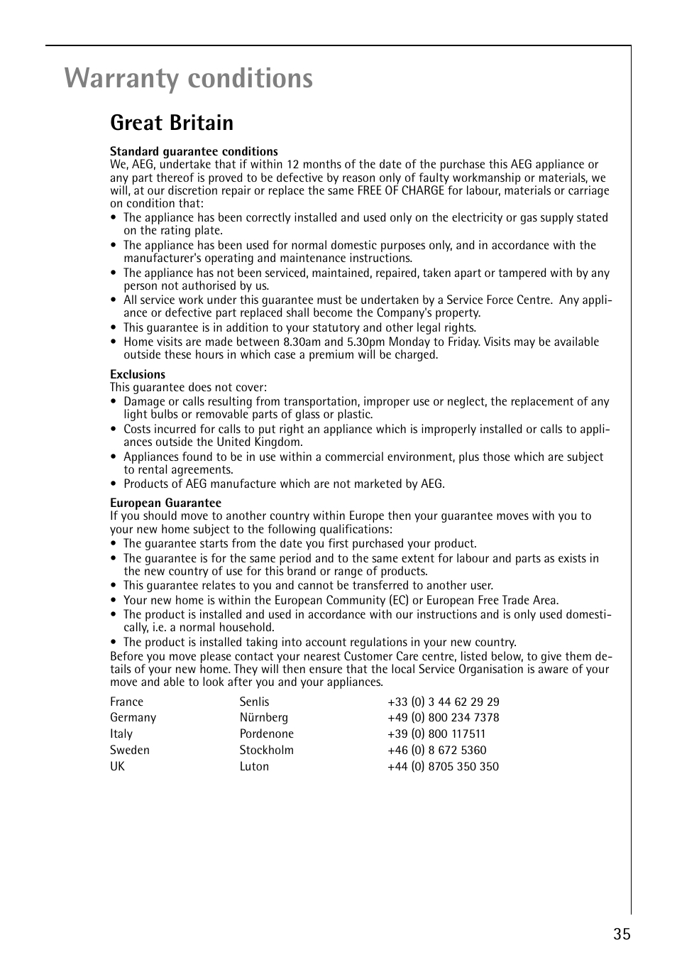 Warranty conditions, Great britain | Electrolux LAVAMAT 52810 User Manual | Page 35 / 40