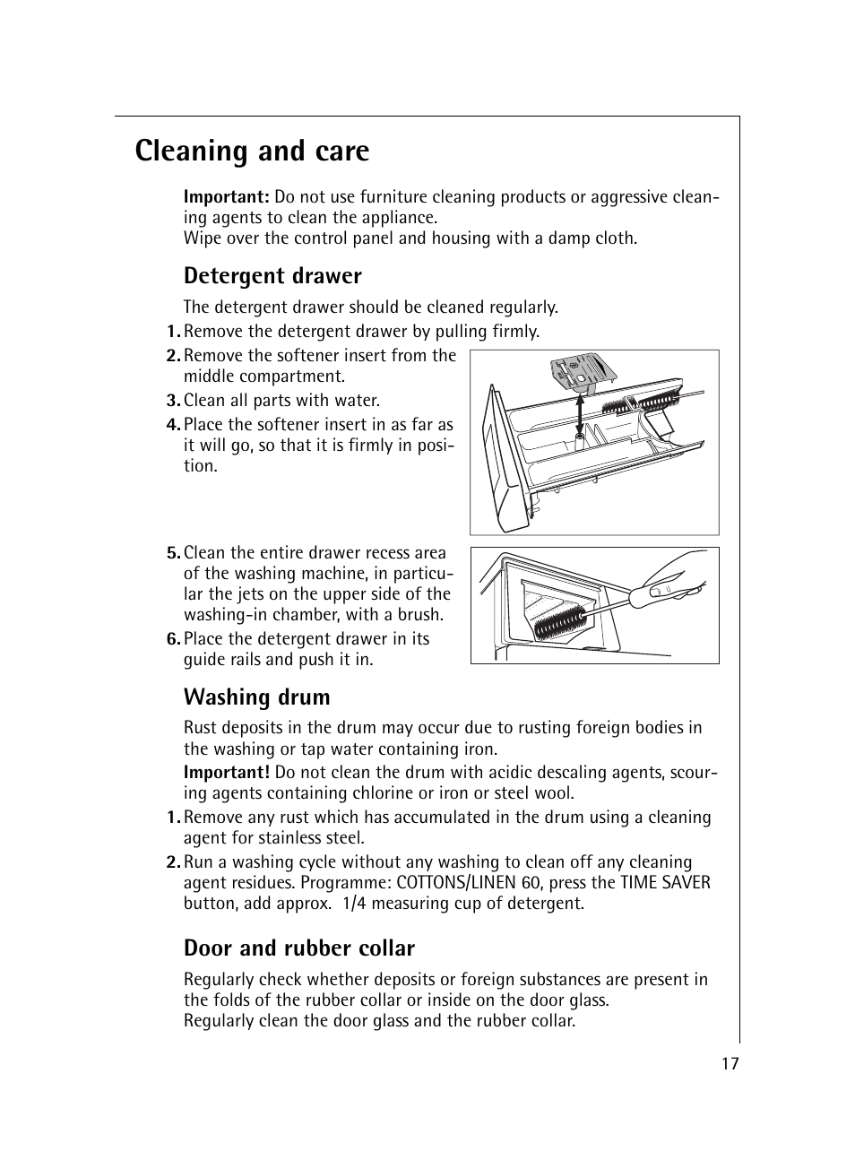 Cleaning and care, Detergent drawer, Washing drum | Door and rubber collar | Electrolux 54600 User Manual | Page 17 / 36