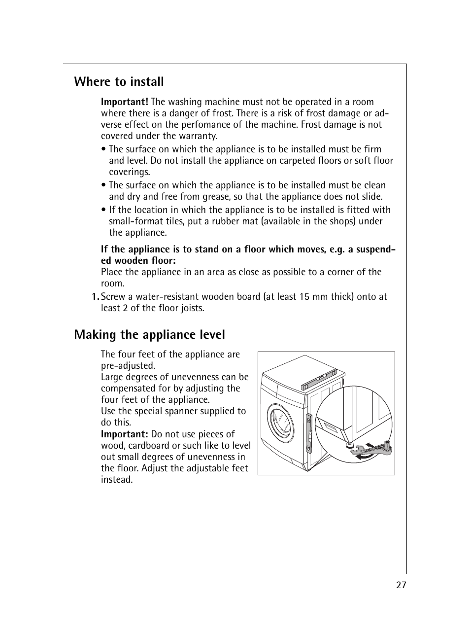 Where to install, Making the appliance level | Electrolux 54600 User Manual | Page 27 / 36