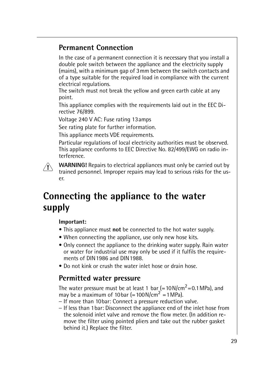 Connecting the appliance to the water supply, Permanent connection, Permitted water pressure | Electrolux 54600 User Manual | Page 29 / 36