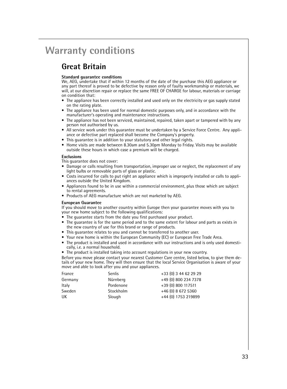 Warranty conditions, Great britain | Electrolux 54600 User Manual | Page 33 / 36