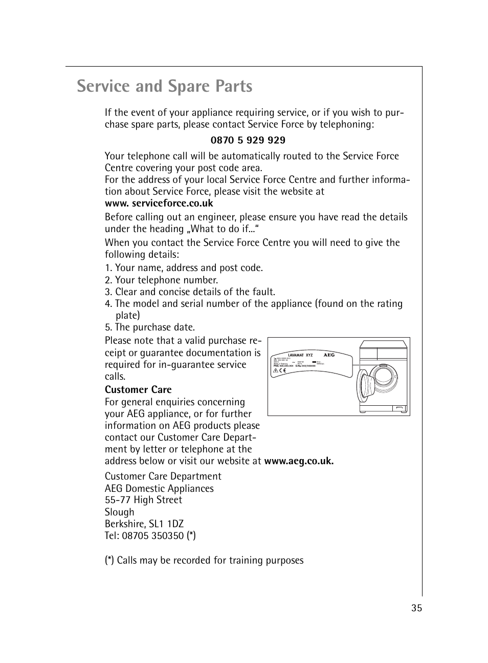 Service and spare parts | Electrolux 54600 User Manual | Page 35 / 36