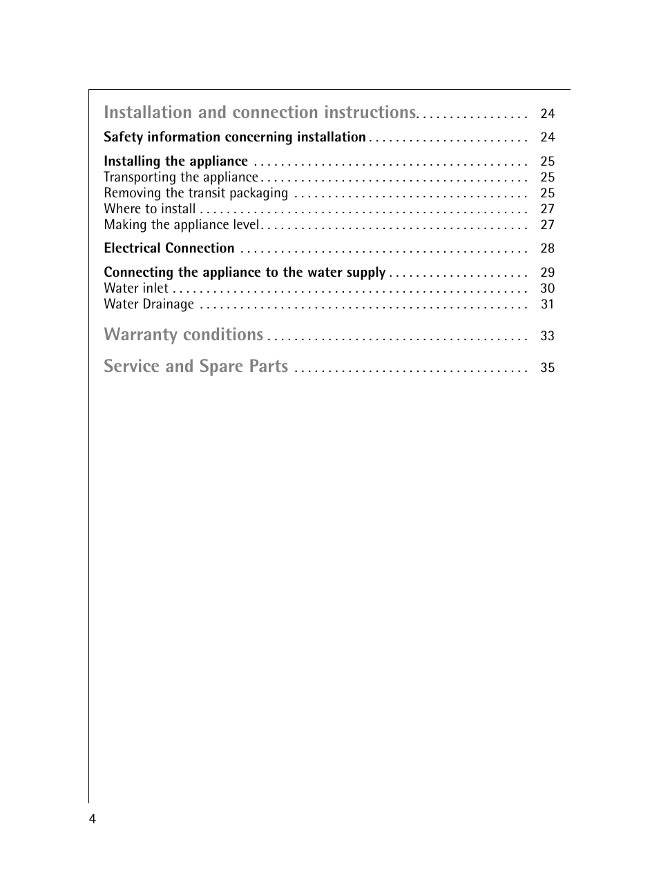 Installation and connection instructions, Warranty conditions, Service and spare parts | Electrolux 54600 User Manual | Page 4 / 36