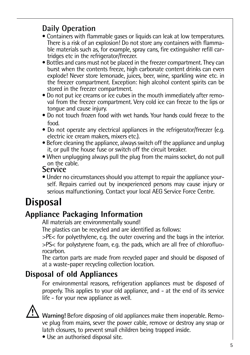 Disposal, Daily operation, Service | Appliance packaging information, Disposal of old appliances | Electrolux 70318-5 KG User Manual | Page 5 / 32