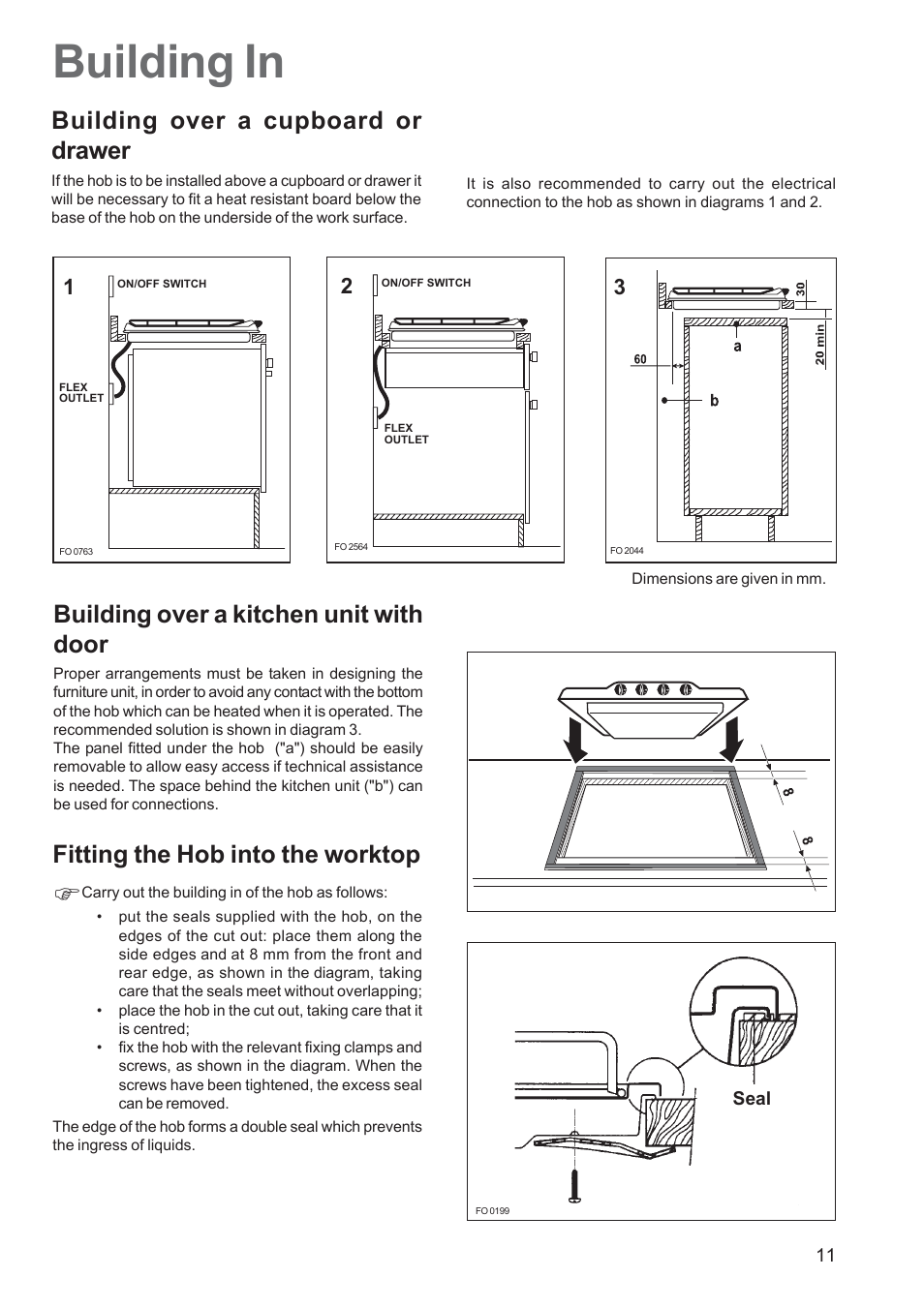 Building in, Fitting the hob into the worktop, Building over a cupboard or drawer | Building over a kitchen unit with door | Electrolux EHG 6762 User Manual | Page 11 / 16