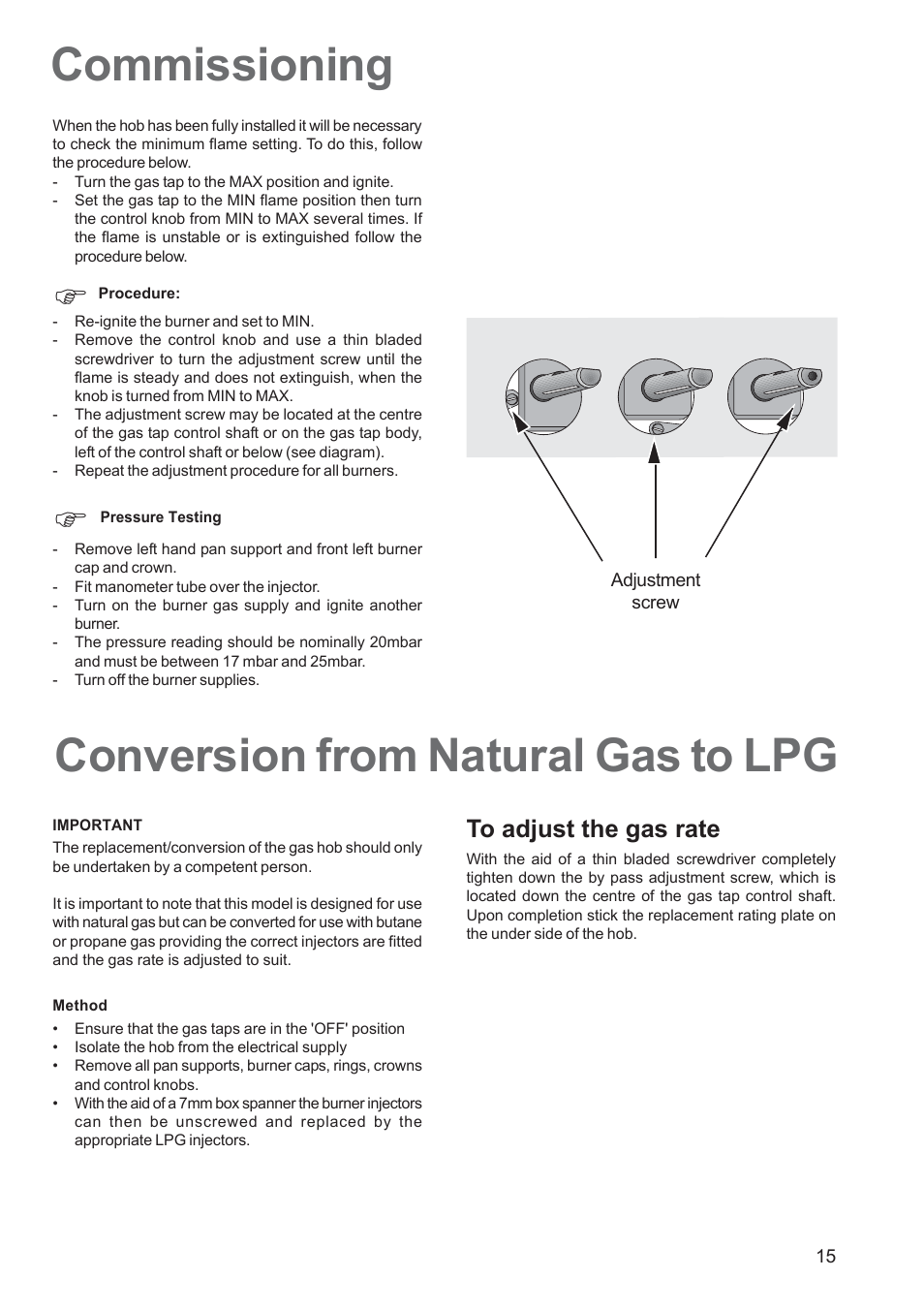 Conversion from natural gas to lpg, Commissioning | Electrolux EHG 6762 User Manual | Page 15 / 16