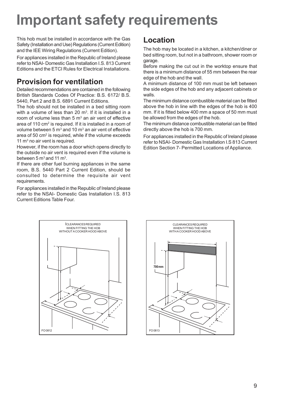 Important safety requirements, Provision for ventilation, Location | Electrolux EHG 6762 User Manual | Page 9 / 16