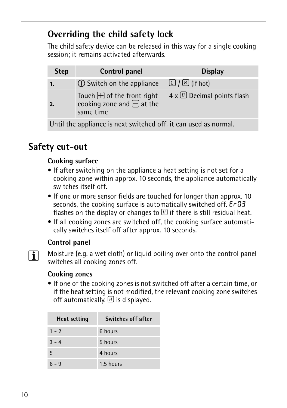 Overriding the child safety lock, Safety cut-out | Electrolux 6410KF User Manual | Page 10 / 24