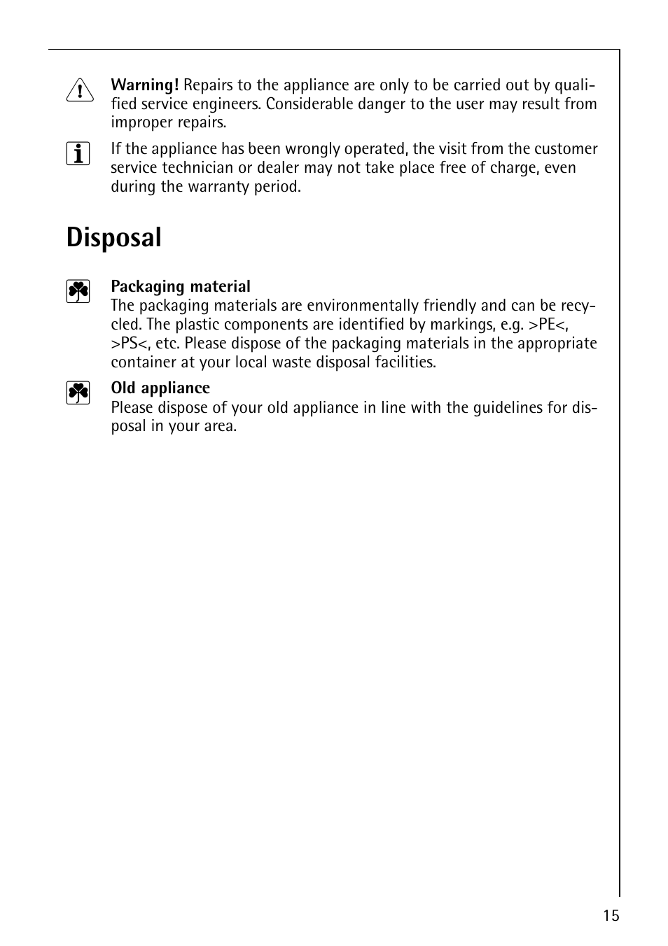 Disposal 2 | Electrolux 6410KF User Manual | Page 15 / 24