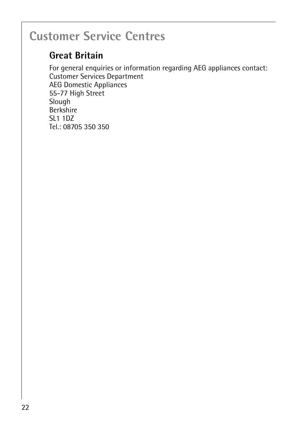 Customer service centres | Electrolux 6410KF User Manual | Page 22 / 24