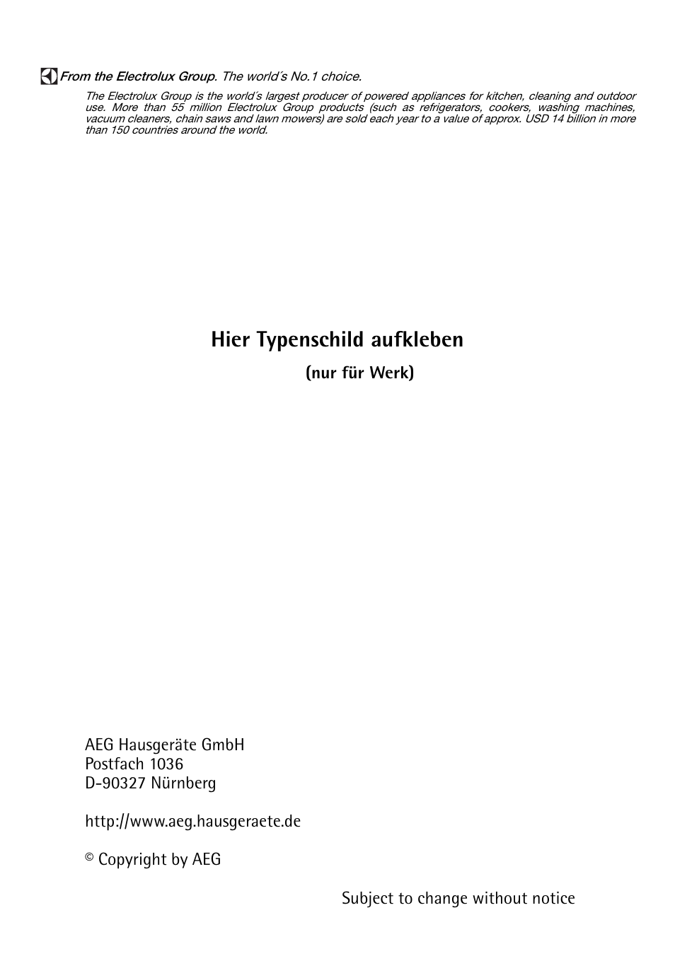 Hier typenschild aufkleben | Electrolux 6410KF User Manual | Page 24 / 24