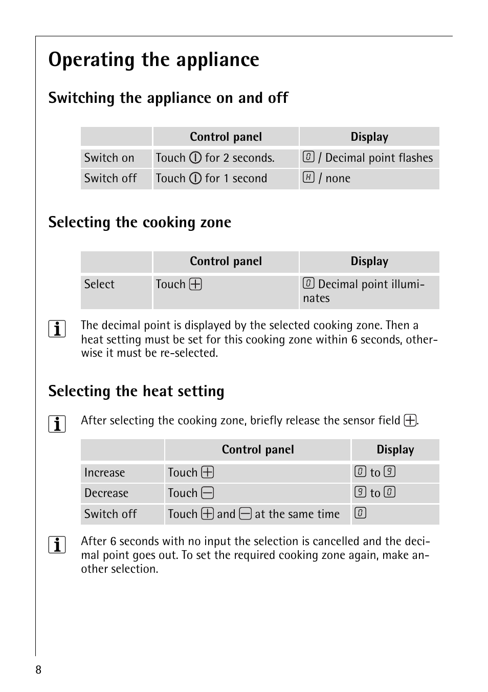 Operating the appliance, Selecting the heat setting | Electrolux 6410KF User Manual | Page 8 / 24