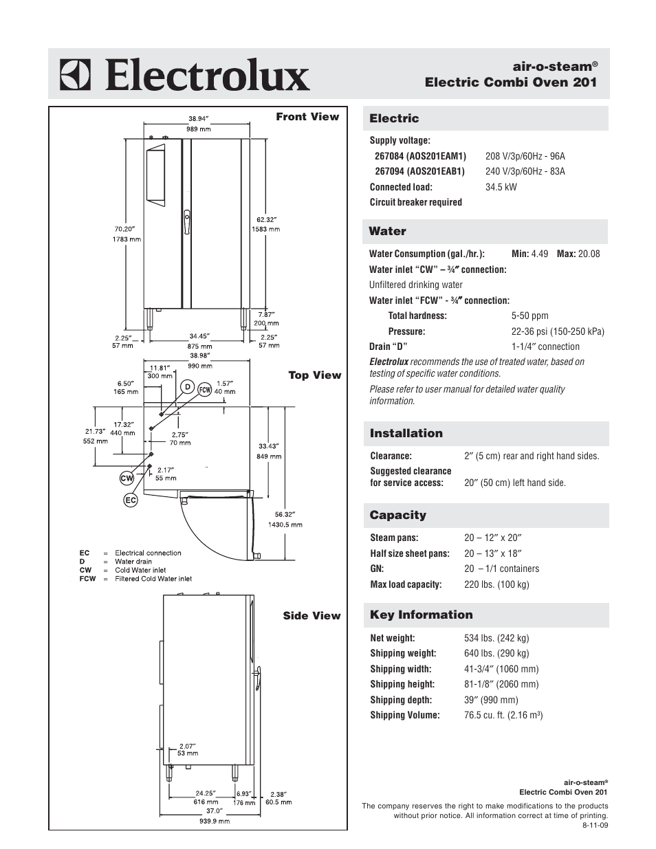 Air-o-steam, Electric combi oven 201 | Electrolux Air-O-Steam AOS201EAM1 User Manual | Page 2 / 2