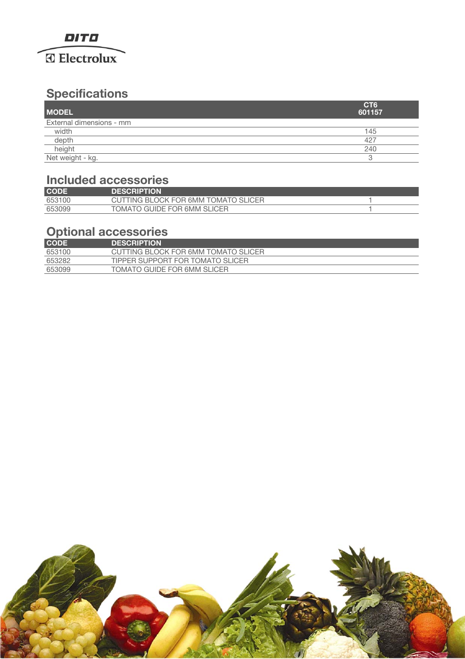 Specifications, Included accessories, Optional accessories | Electrolux CT10 User Manual | Page 2 / 3